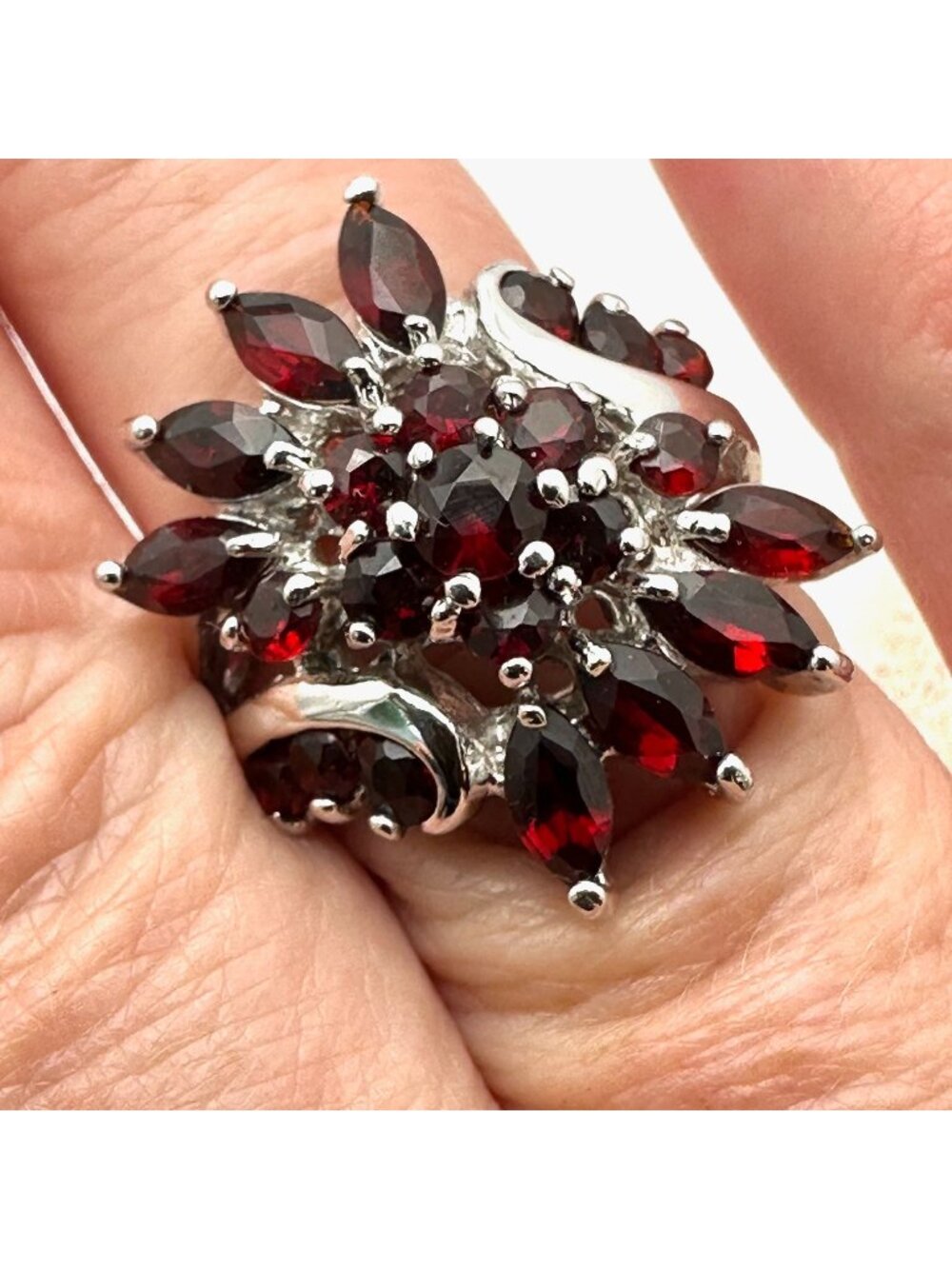 Garnet Cluster Ring Sterling Silver Size 8 Statement Jewelry